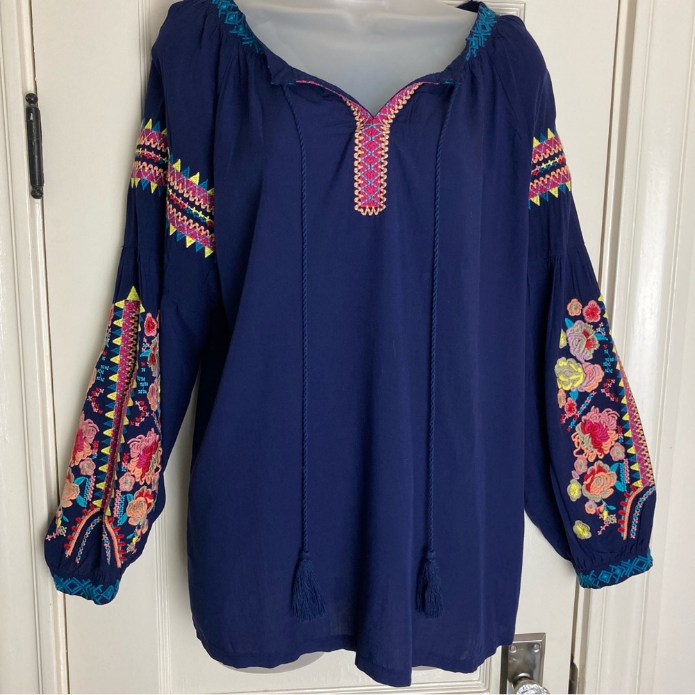 Aztec Bohemian Embroidered Navy Blue Peasant Tunic Top Medium